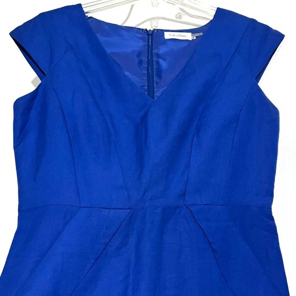 Classic Blue Linen-Blend Career Sheath Dress with Side Pockets - Picture 8 of 17